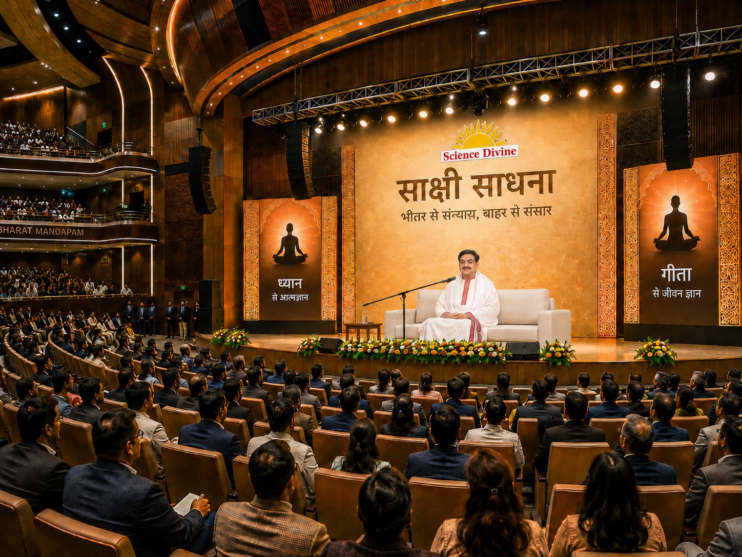 Sadguru Sakshi Shree addressing a full Bharat Mandapam auditorium at a Sakshi Sadhana discourse